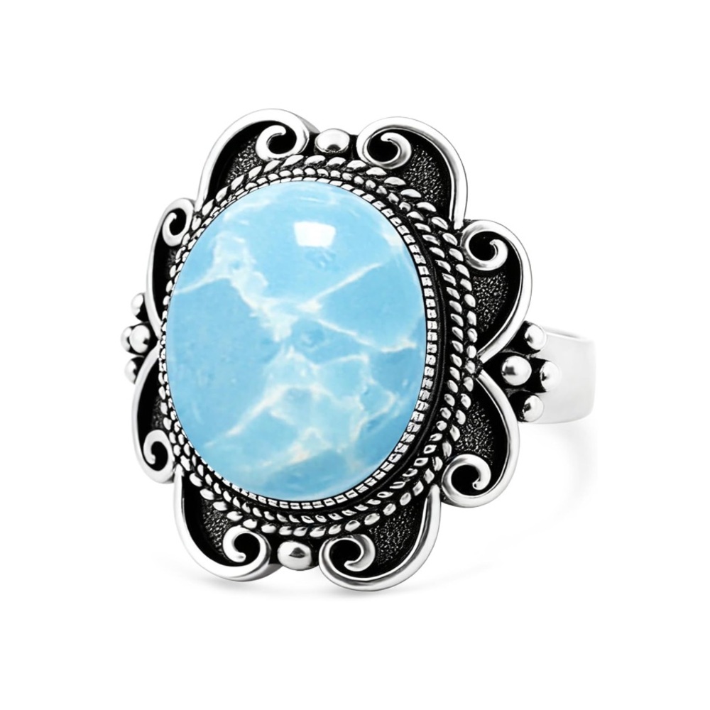 Genuine Larimar Stone 925 Sterling Silver Vintage Bohemian Statement Chunky Ring